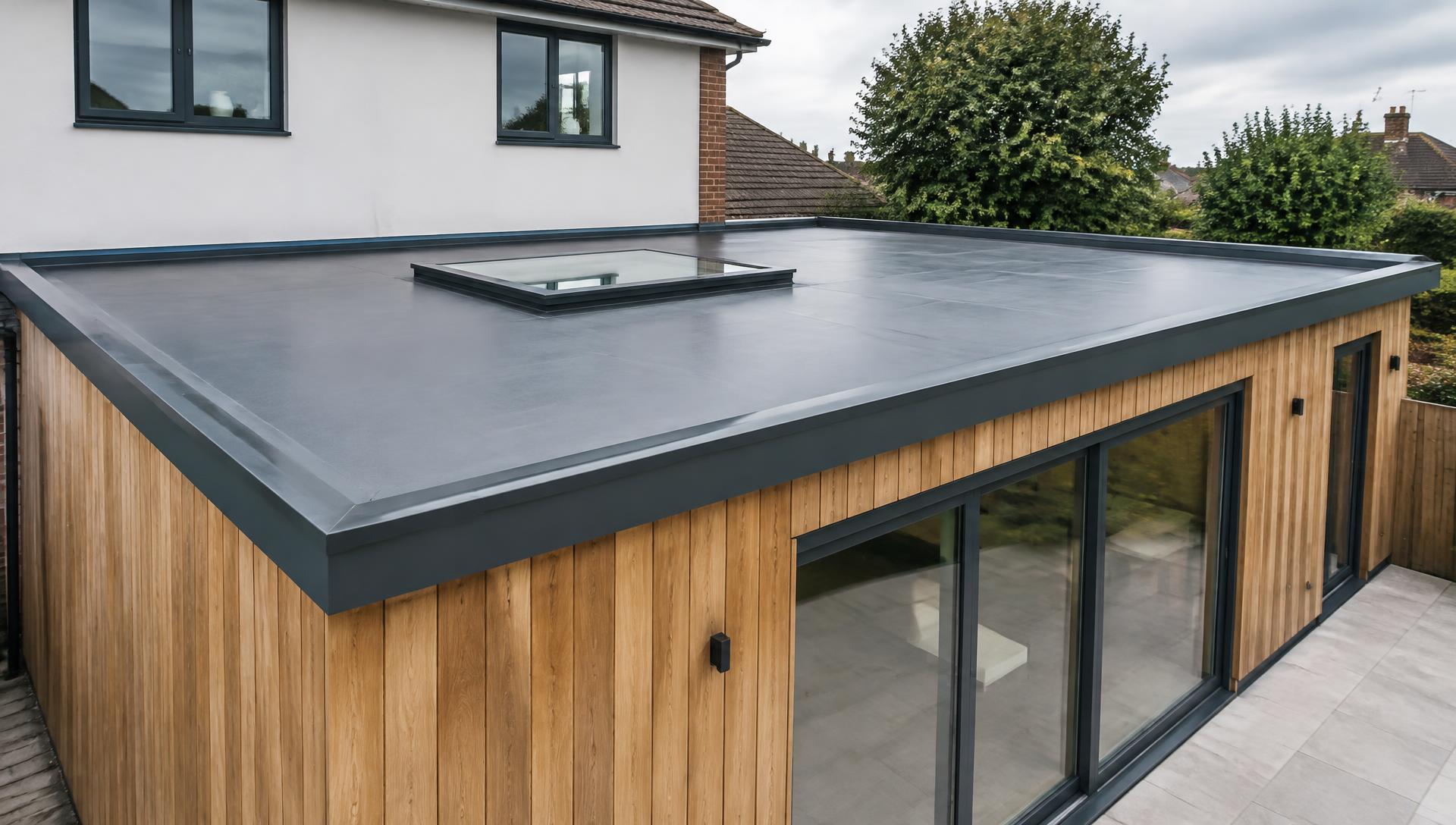 Dark grey single-ply membrane flat roof on a timber-clad house extension